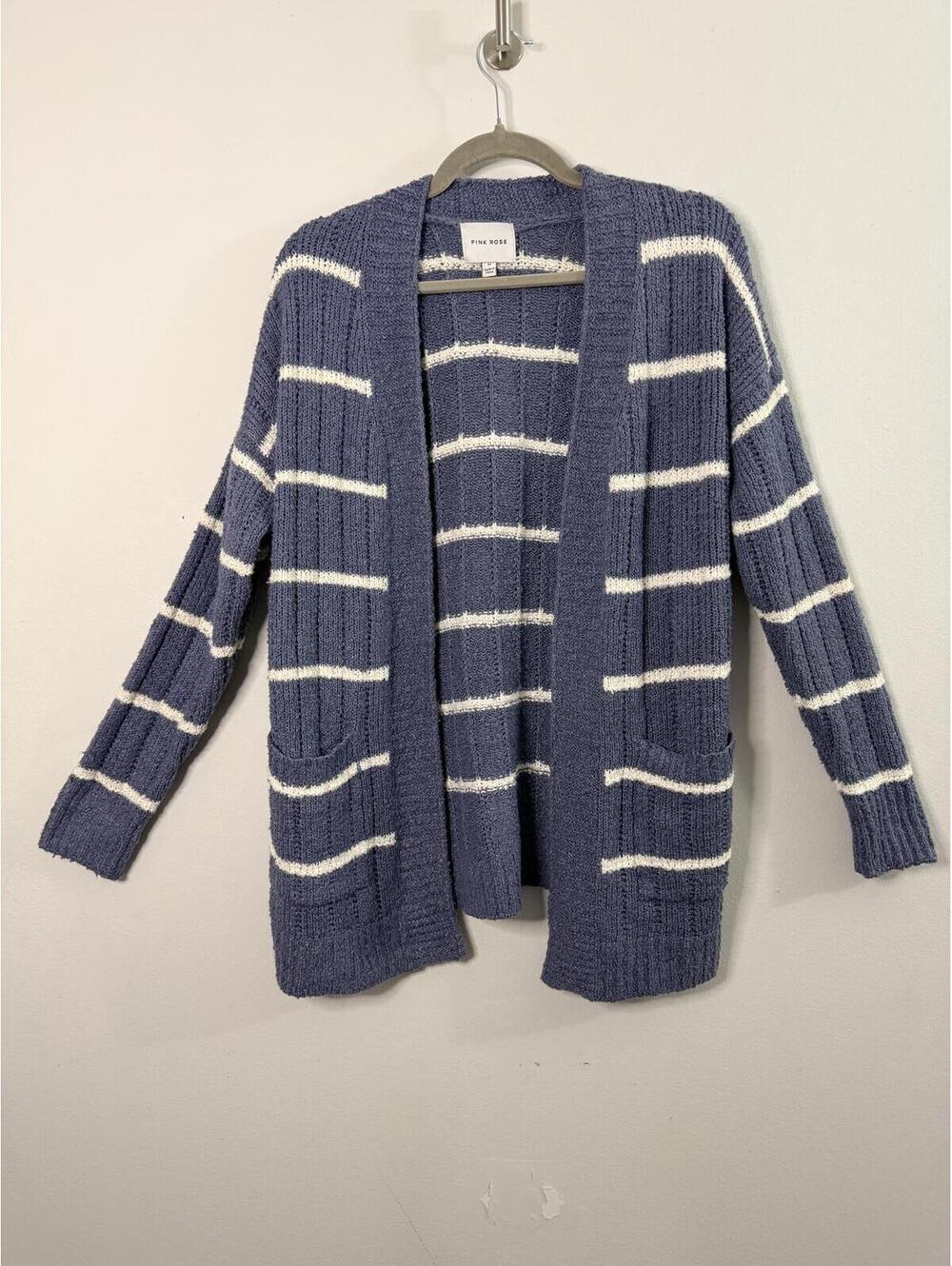 Pink Rose Women’s Open Front Cardigan Sweater Size Med Blue & White Striped